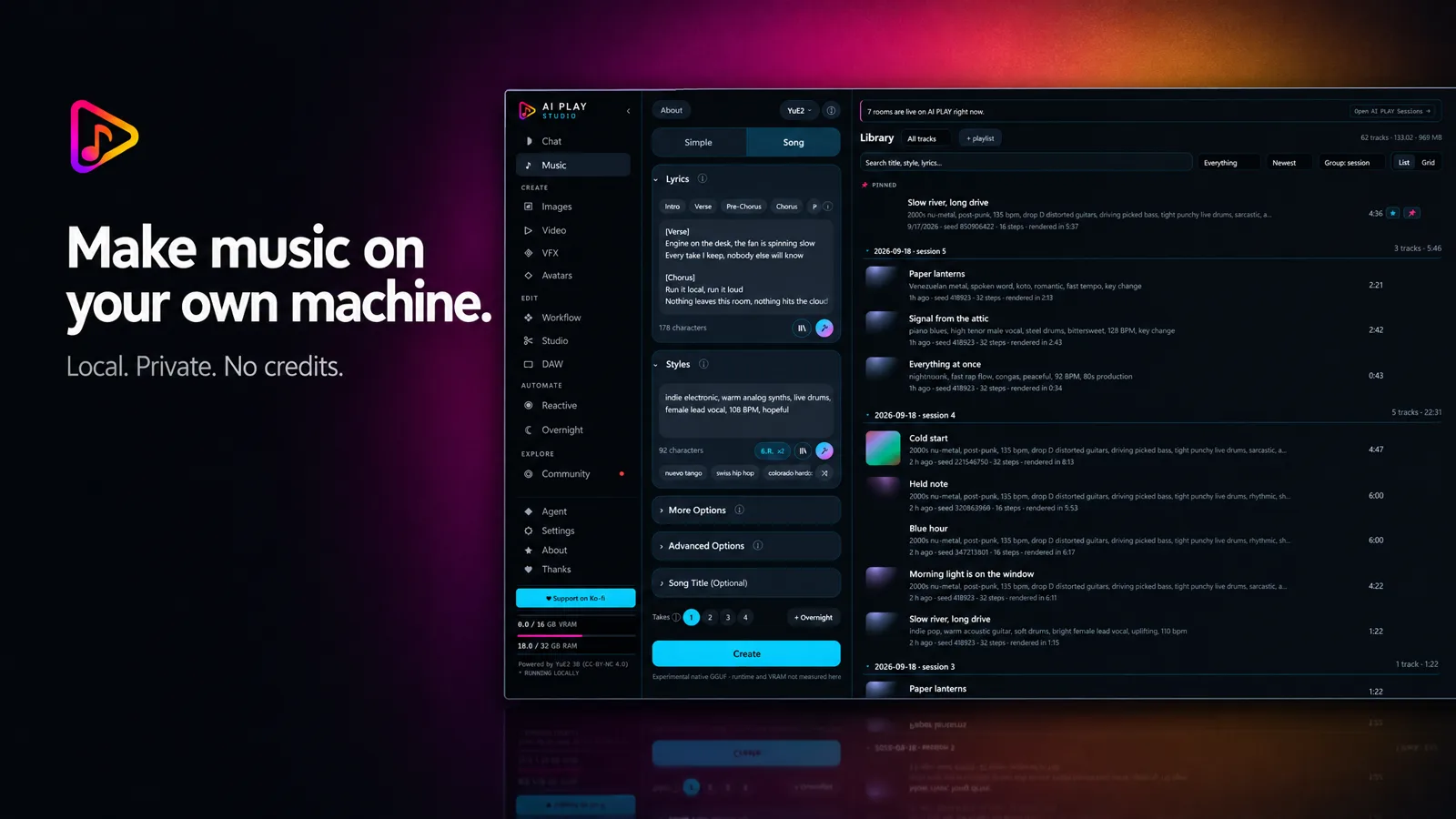 The Music screen: lyrics with section tags, a styles box, and a library of finished songs with their seeds and render times.