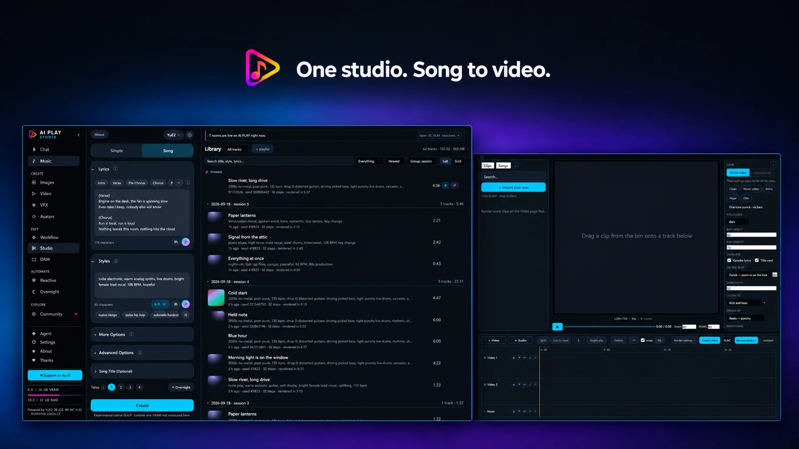 The Music screen beside the Studio timeline: a song on the left, a video edit on the right.