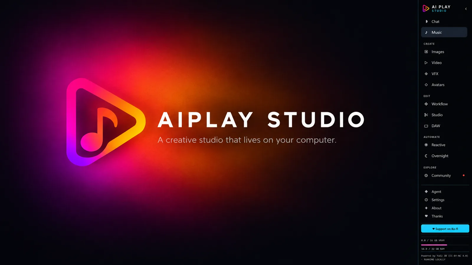 AIPLAY Studio: the logo and the program's sidebar, including music, pictures, video and creative tools.