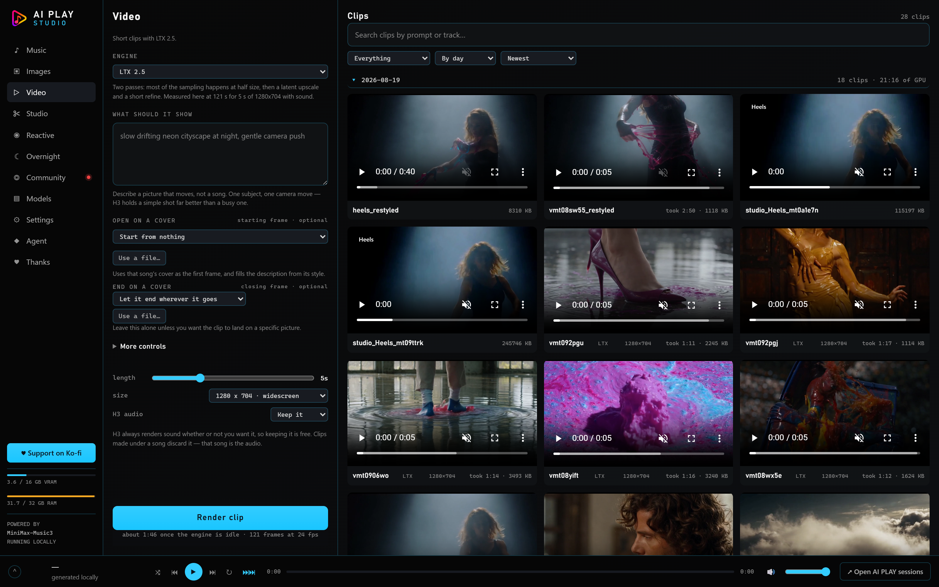 The clip library beside the Video form, grouped by day, each clip showing its render time