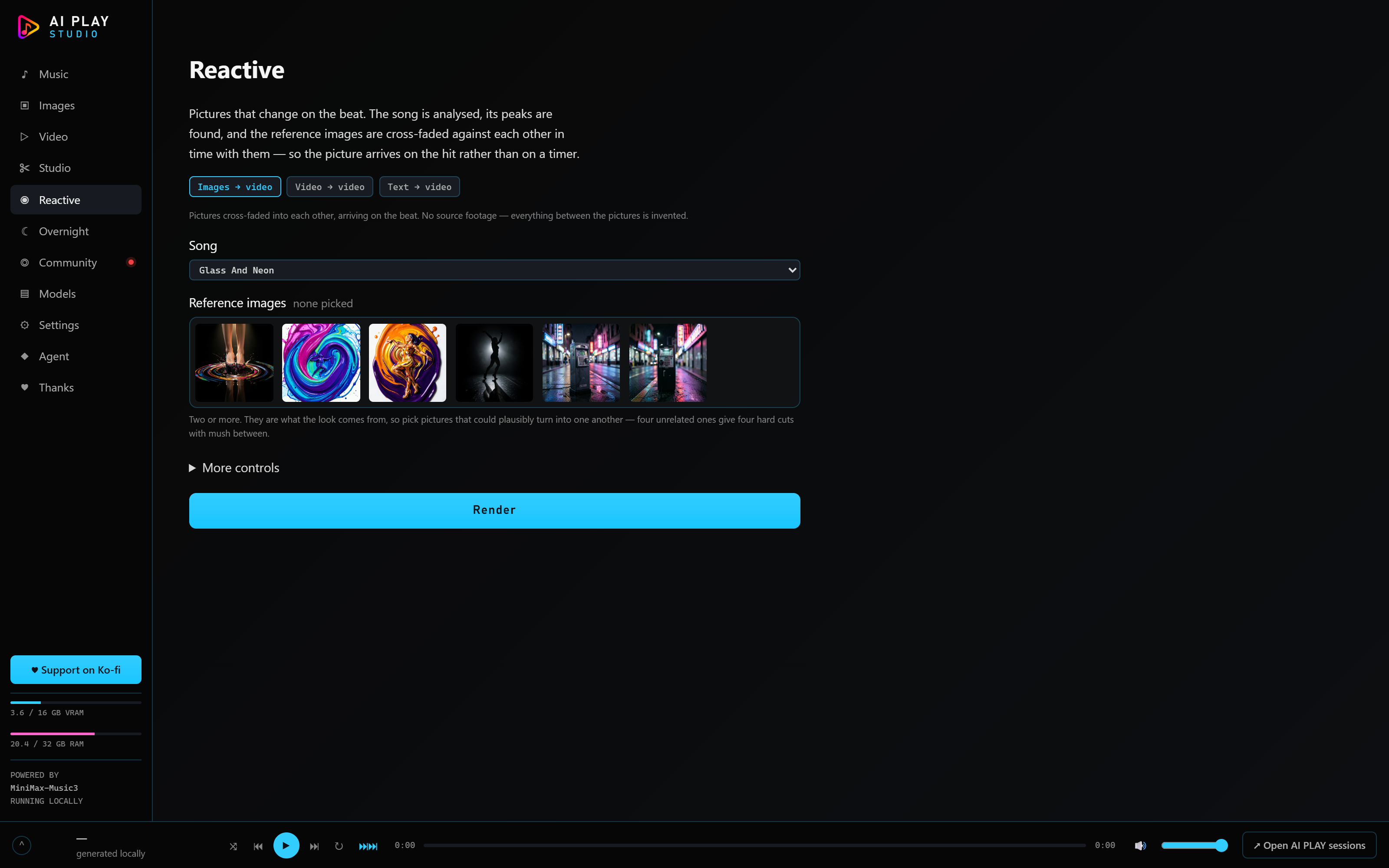 The Reactive page: three modes, a song picker, and a grid of reference images to blend between