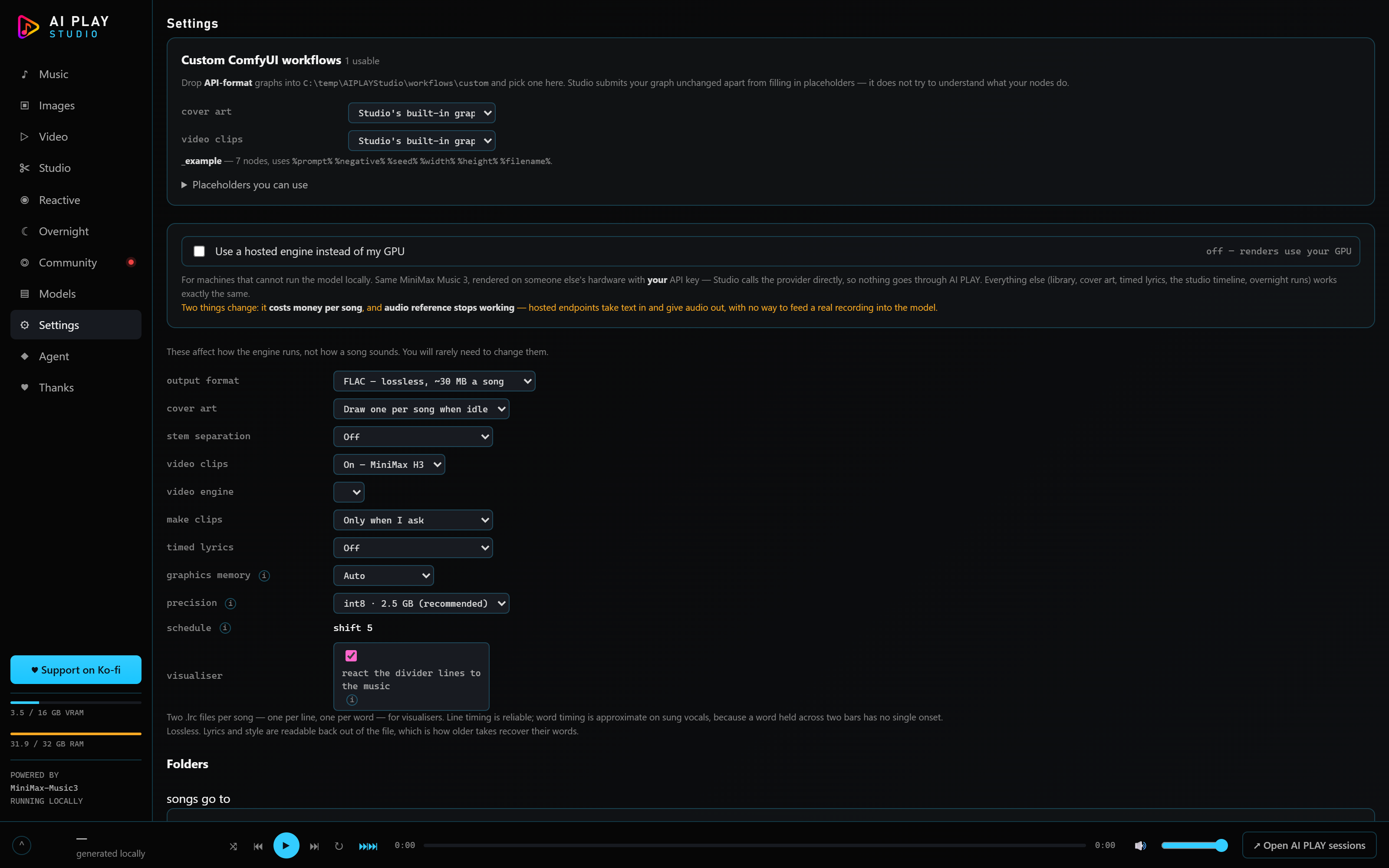 Settings: engine paths, graphics-memory tier, API mode and custom workflows