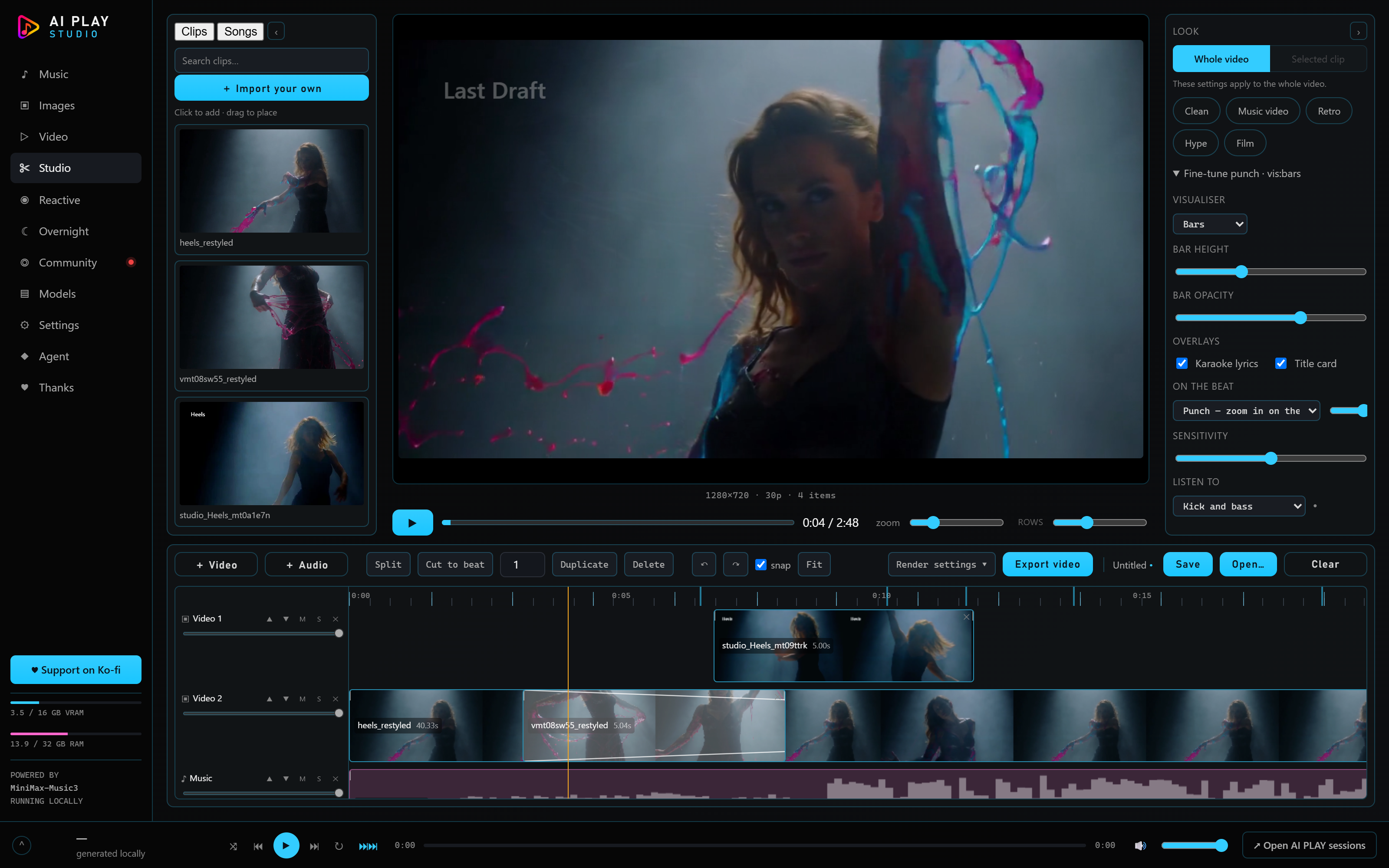 The studio: a multi-track timeline with two clips overlapping into a crossfade