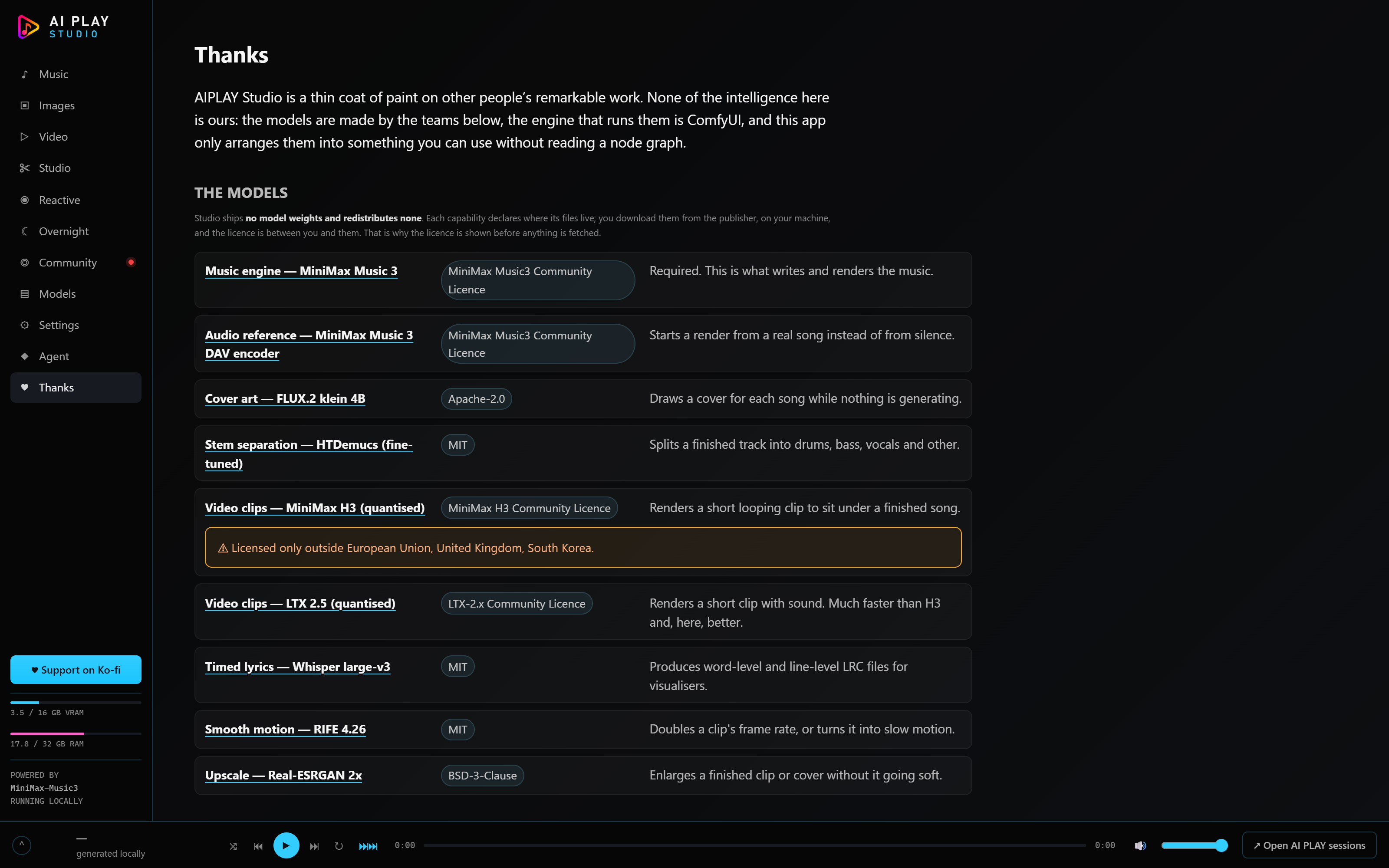 The Thanks page listing every model with its licence, each name linking to the publisher